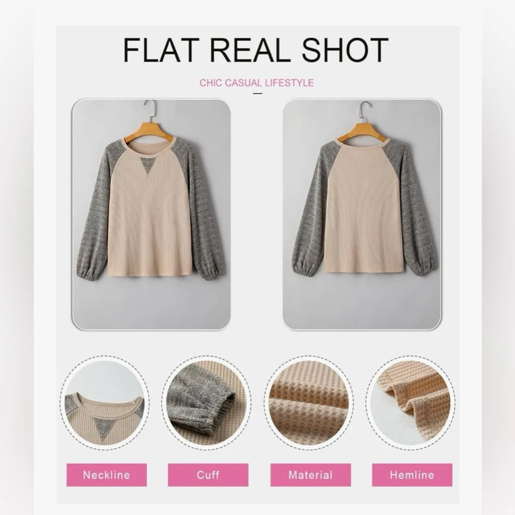 NEW Waffle Knit Tops Casual Crewneck Contrast Long Sleeve Shirt Loose Pullover M Tan Size M - Image 7