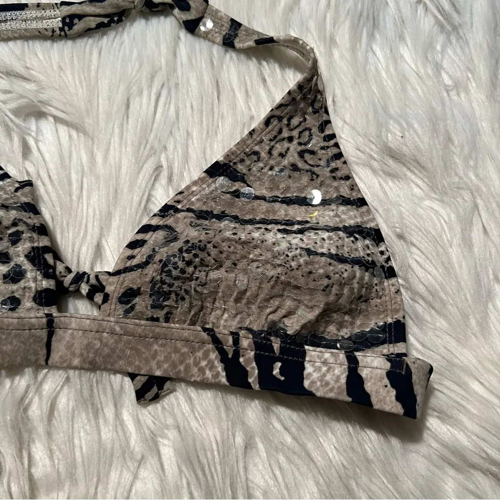 Hermanny Bikini Top Beige Black Zebra Print Sequins 6 Tan - Image 3