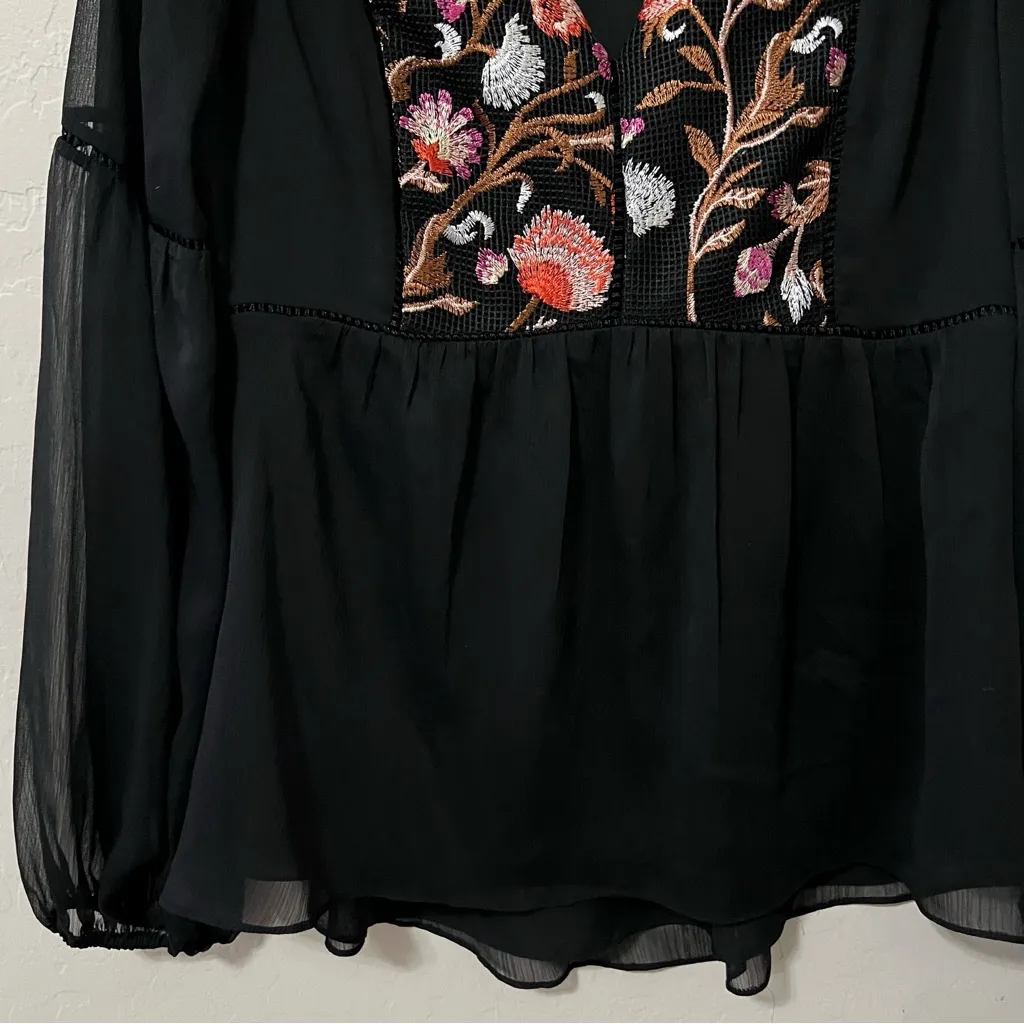 White House Black Market Floral Embroidered Black Chiffon Blouse - Image 4