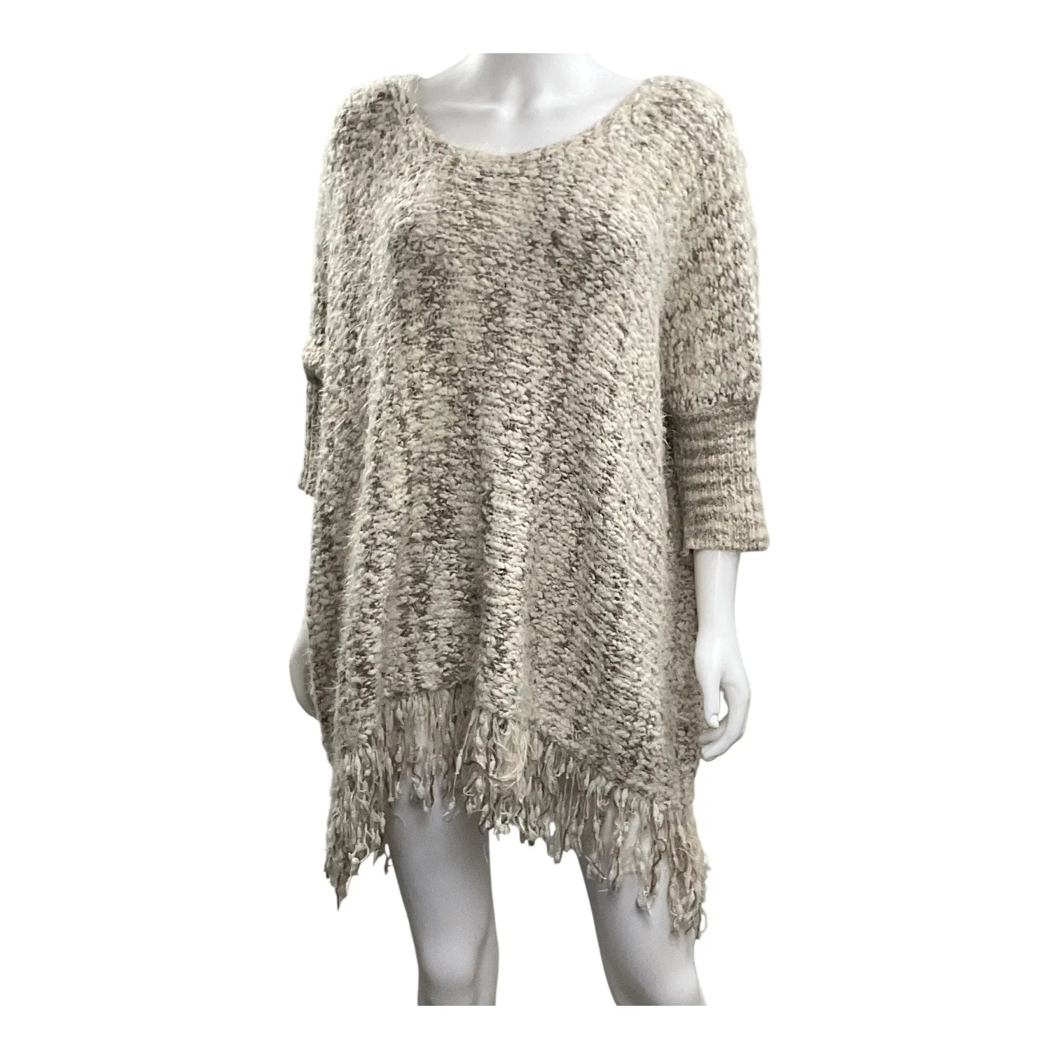 Umgee Fringe Poncho‎ Knit Sweater Tunic Pullover Oversized Neutral Colors - Image 5
