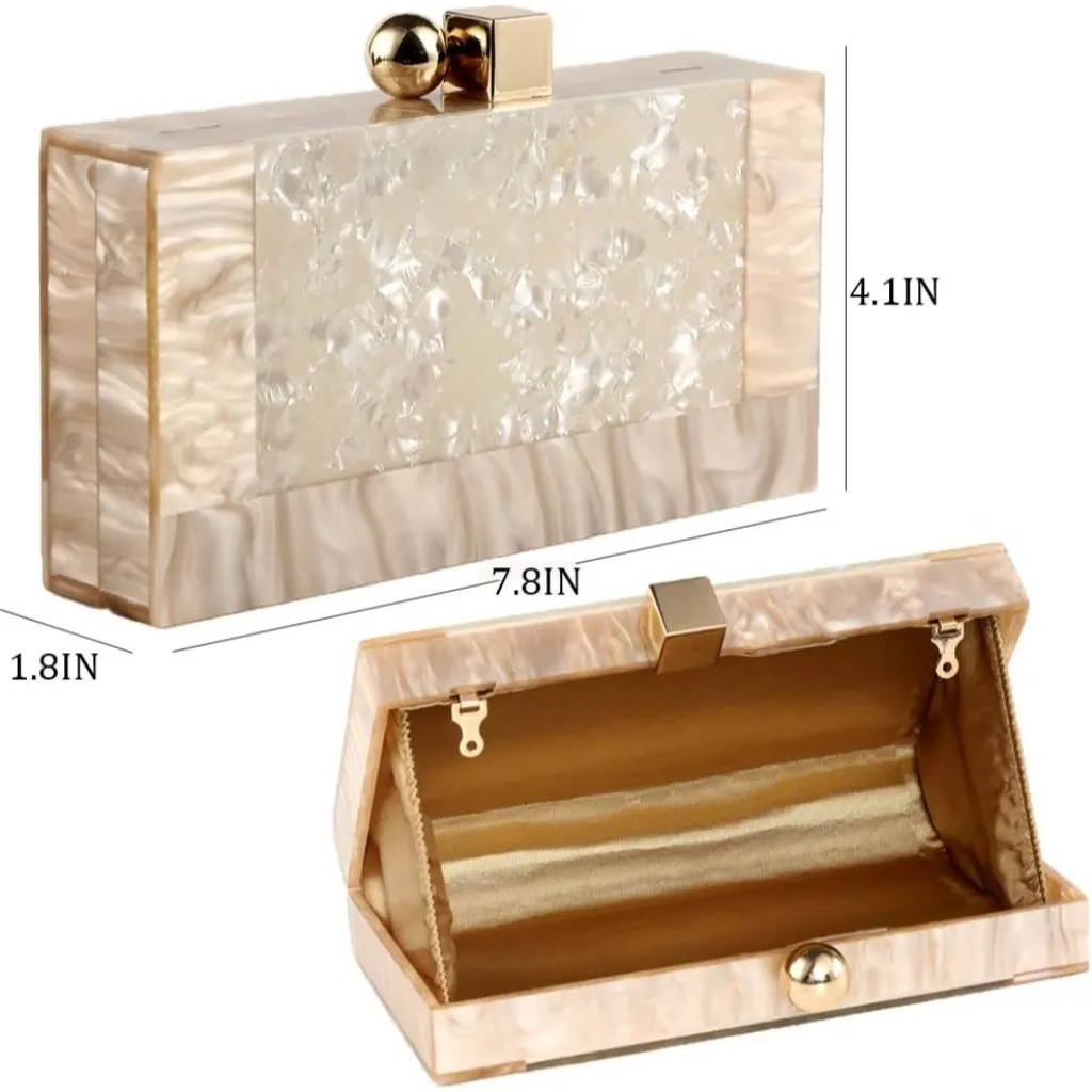 ⚡ Women's Acrylic Evening Glitter Marble Metal Clasp Cream Clutch Handbag - Image 3