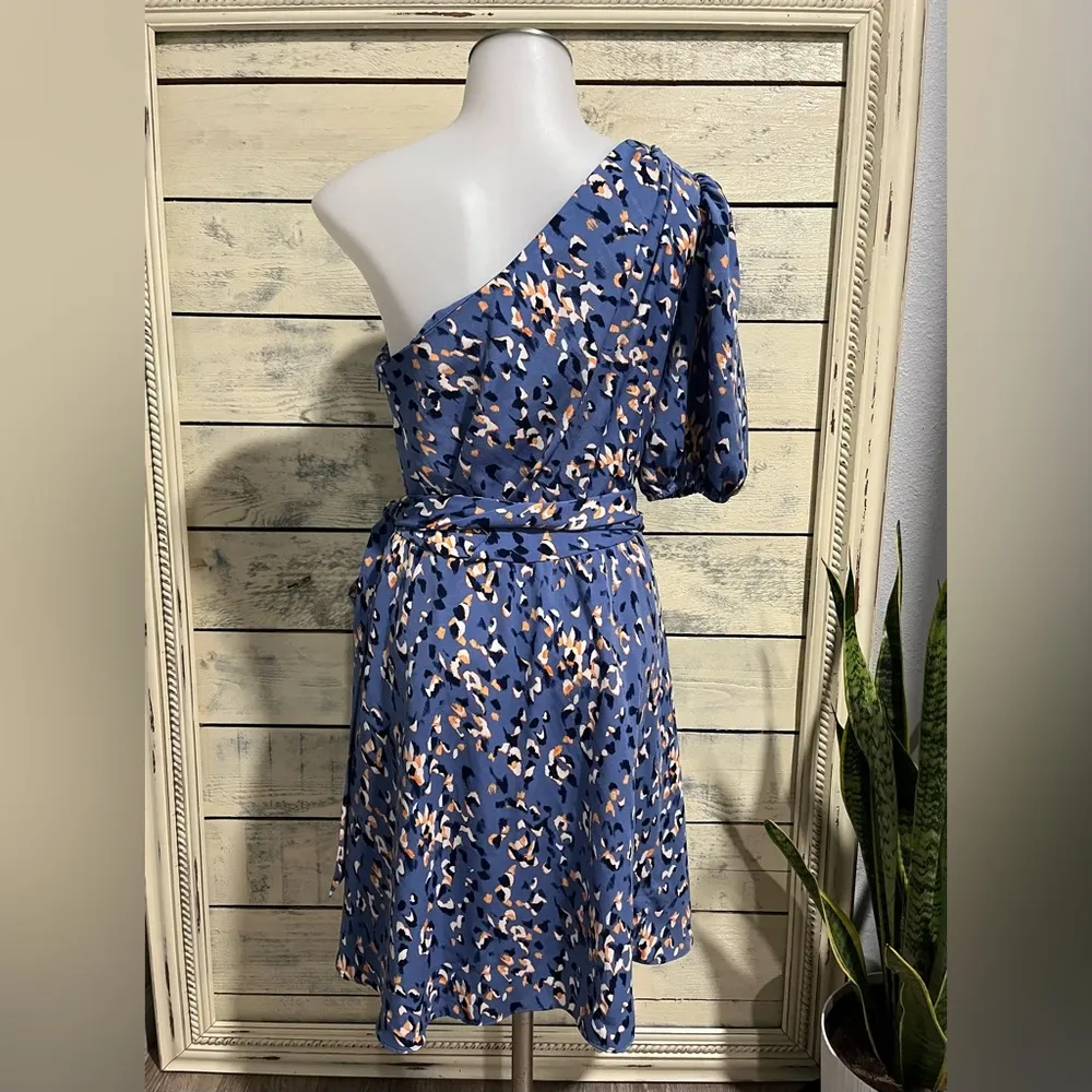 Nine West Fit & Flare Blue Leopard Print One-Shoulder Dress Size Small - Image 3