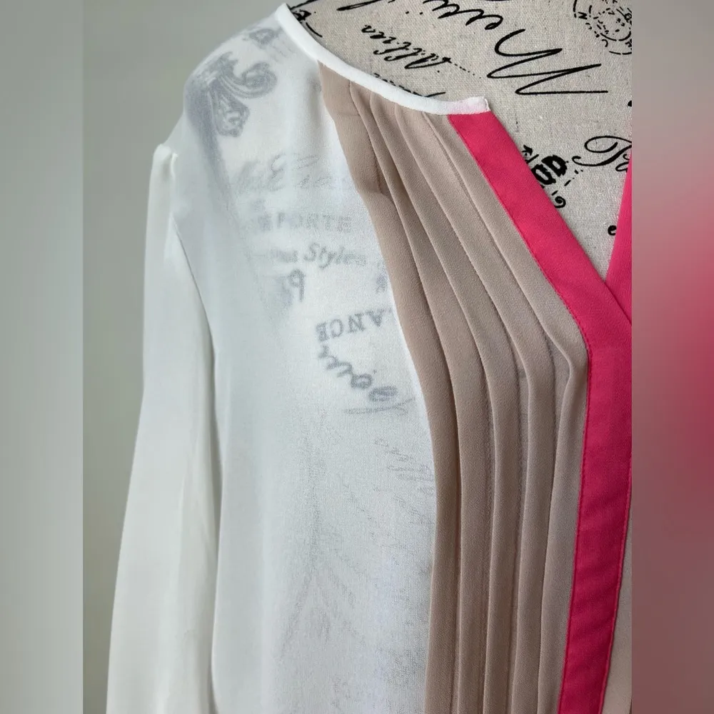 Ann Taylor Off-White w/ Beige & Pink Front Pleats 3/4 Sleeve Blouse Size Large - Image 3