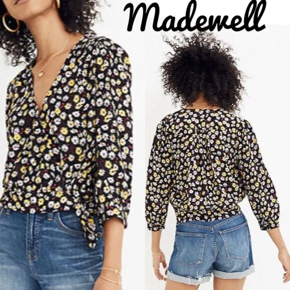 Madewell Black French Floral Wrap Long Sleeve Top S - Image 2