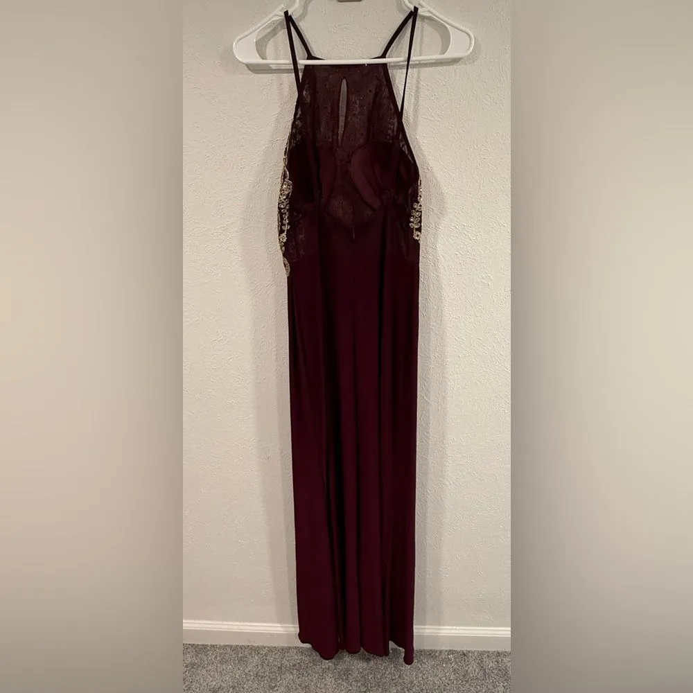 BLONDIE NITES Gold Beaded Lace Illusion Sheath Gown – Burgundy Prom Dress Size 7 - Image 8