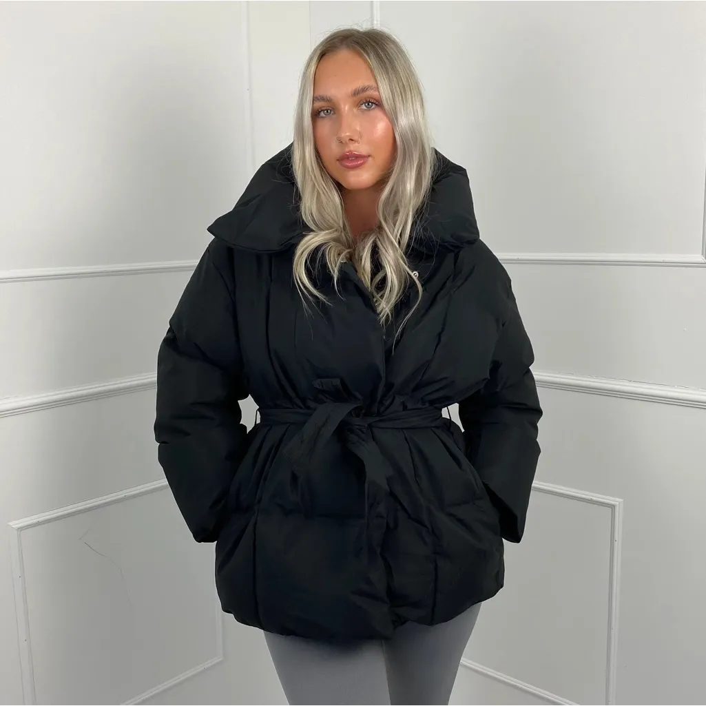 Black tie waist belted puffer jacket coat - Image 4