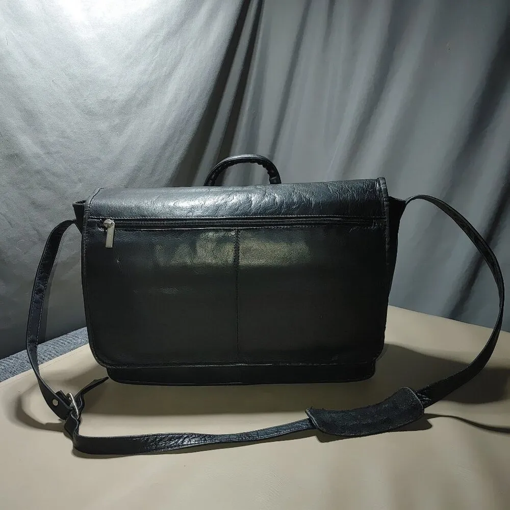 Targus Black Leather Laptop Large Multi Pocket Messenger Bag Shoulder Strap Top - Image 4