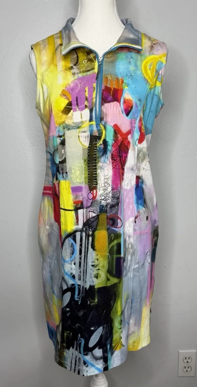 Dolcezza Simply Art Sleeveless Abstract Zip Front Midi Dress Multicolor Size M - Image 1
