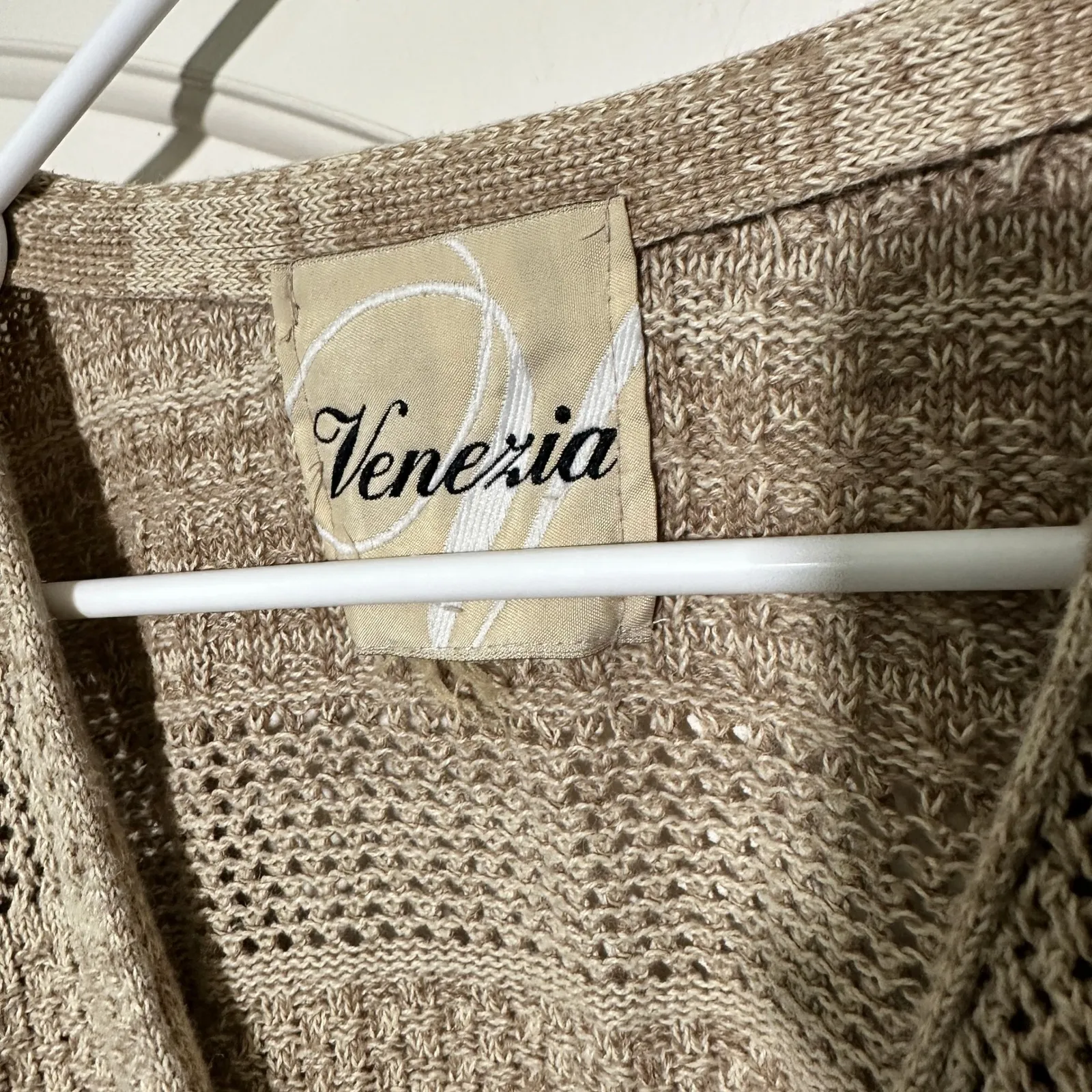 Venezia Knit Cardigan Duster Open Weave‎ Lightweight Beige Crochet Knit L Tan Size L - Image 3