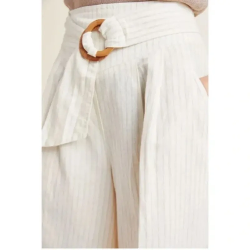 Anthropologie Palm Beach Pants Wide Leg Cropped Pinstripe Pant Beige Size 8 - Image 3