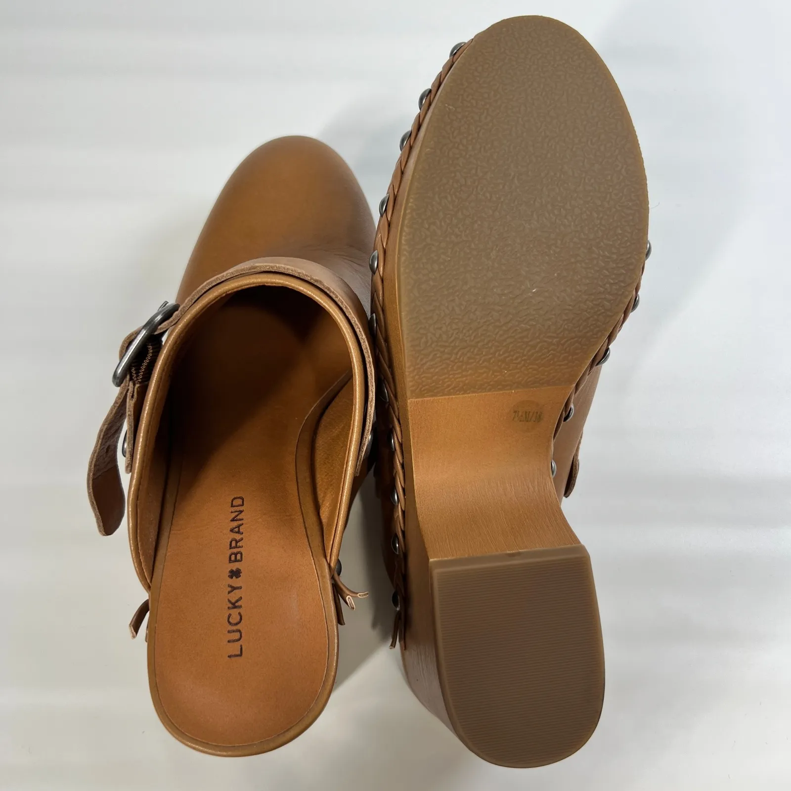 Lucky Brand Clog Heels Tan Leather Studded Braided Trim Slip-On Mule Sandals 7.5 - Image 5