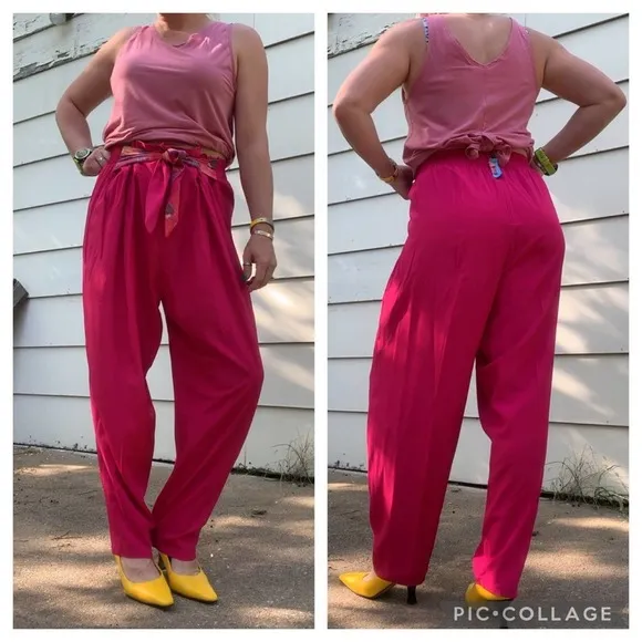 Vintage 70s Signet hot pink high rise paper bag pants Size L - Image 2