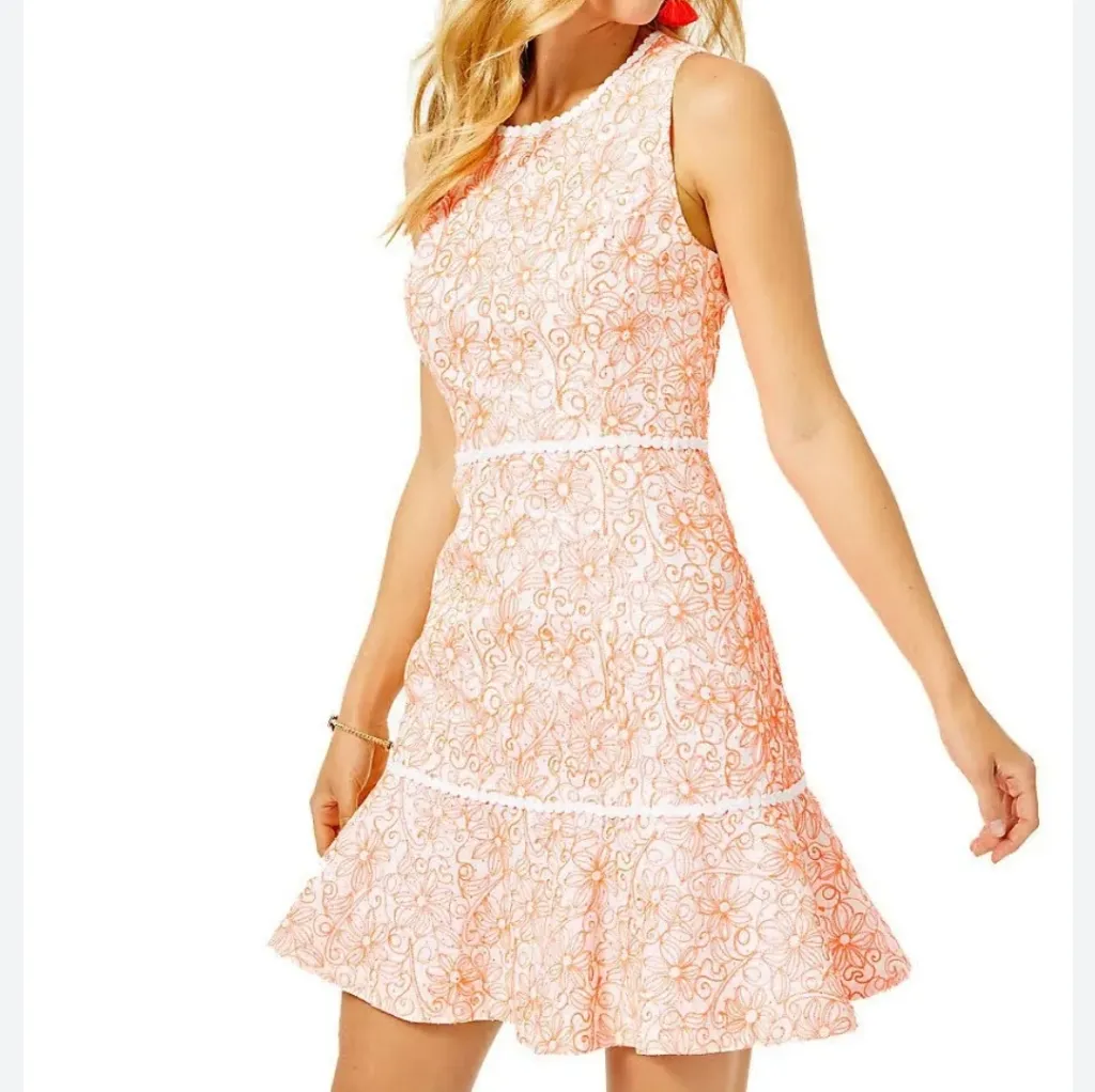 Lilly Pulitzer Ellen Neon Cantaloupe Embroidered Laser Cut Dot Flounce Dress 10 - Image 12