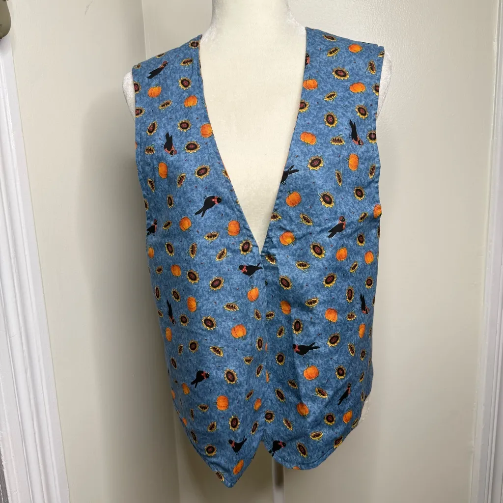 Vintage Handmade Reversible Pumpkin Patch Vest Scarecrows NO Size Approx Large Blue - Image 7