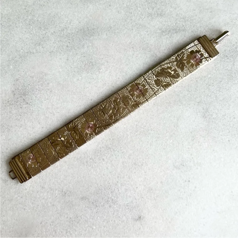 Vintage Etched Gold Tone Floral Panels Tile Bracelet 7” Long Paneled Mod MCM - Image 4