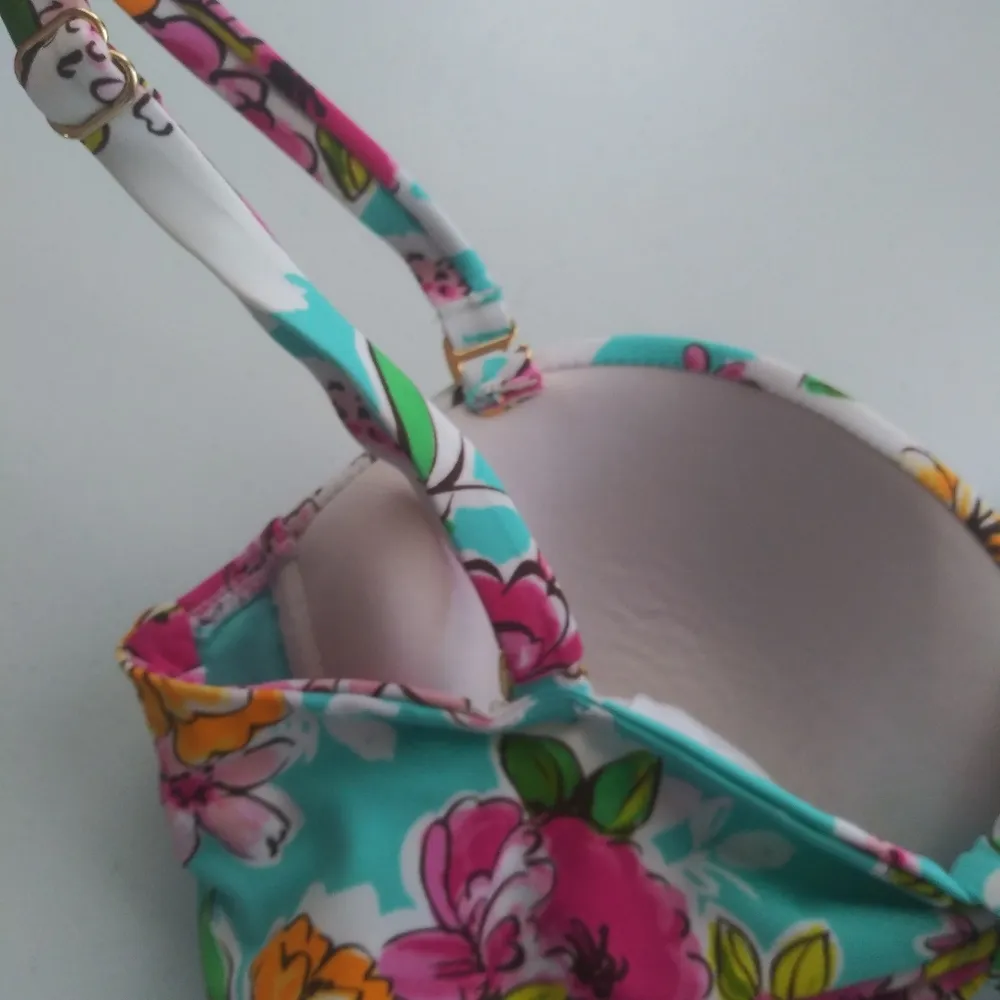 Leilani Floral Bikini Set Turquoise and Pink Push Up Top Vacation Tropical Sz 12 Blue - Image 13