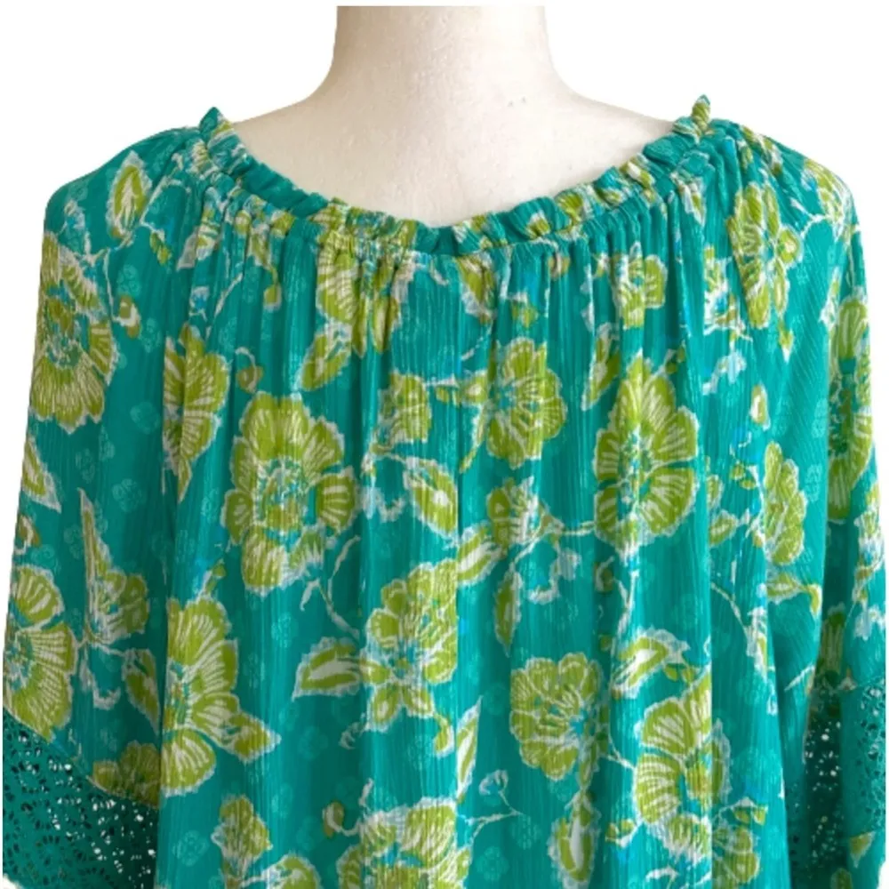 Ruby Rd  Top Blouse Turquoise Green Floral 3/4 Bell Sleeve Boho Tunic Size XL - Image 5