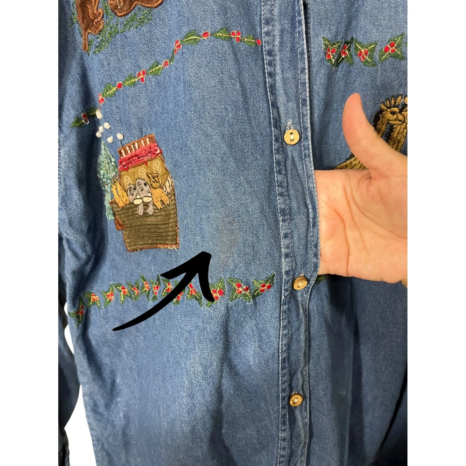 Vintage 90s BSA Embroidered Denim Shirt Noah's Ark Animal Print Medium‎ Blue - Image 6