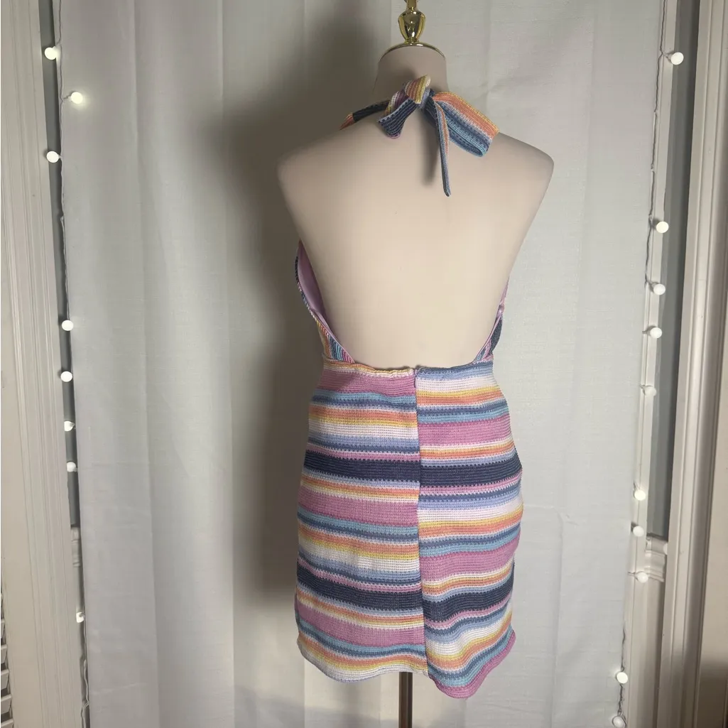 HYFVE Crochet-Look Striped Halter Mini Dress - Size M Boho Y2K Festival - Image 2