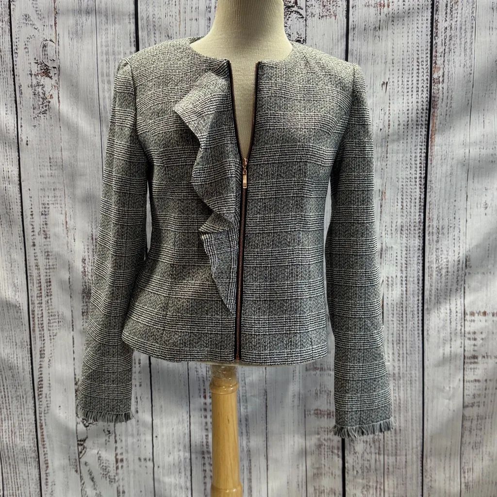 Ivanka Trump Wonderland Black and White Plaid Ruffle Zip Up Blazer Jacket Size 4 - Image 3