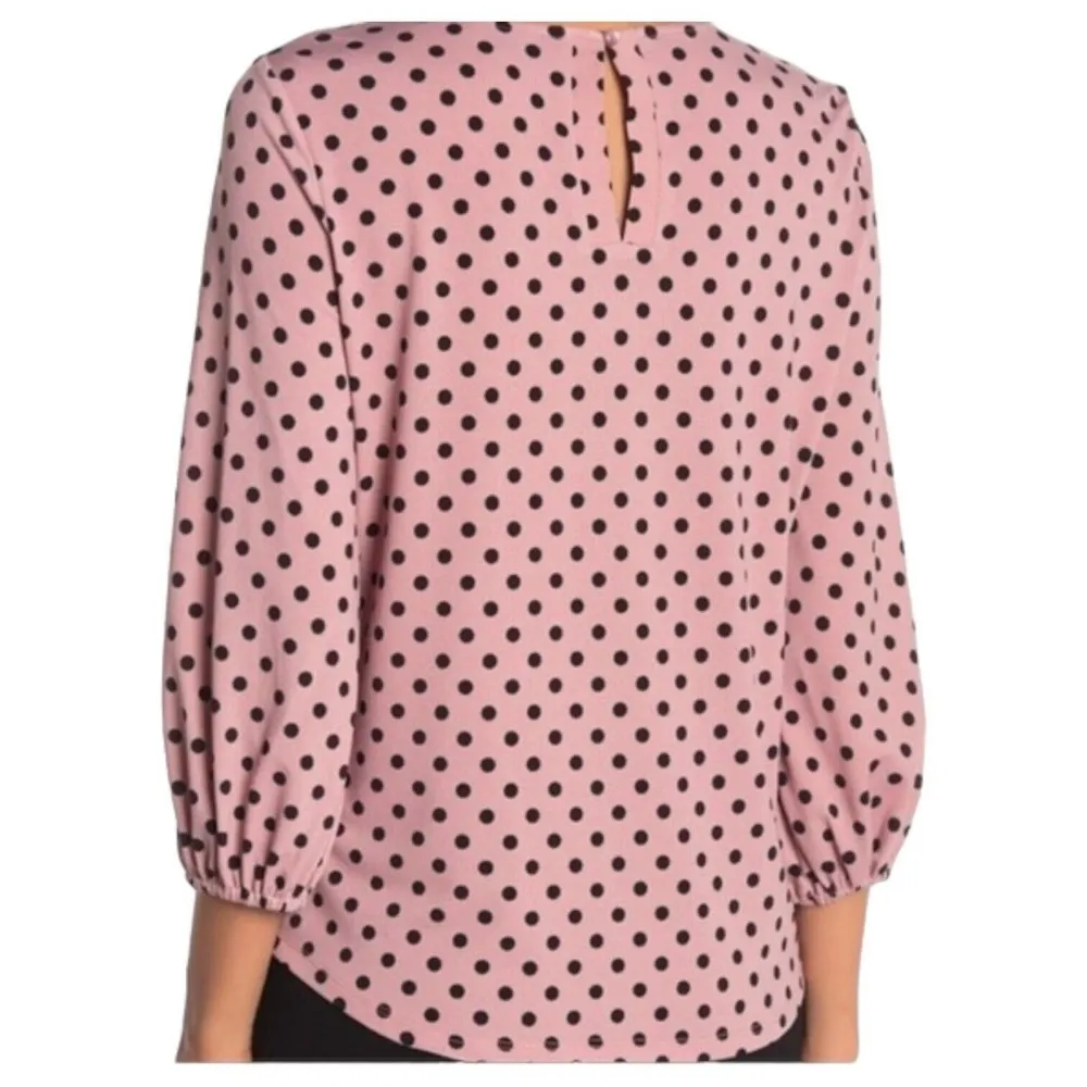 Adrianna Papell Top Womens M Polka Dot Scoop Neck Puff Sleeve Mauve Pink - Image 12