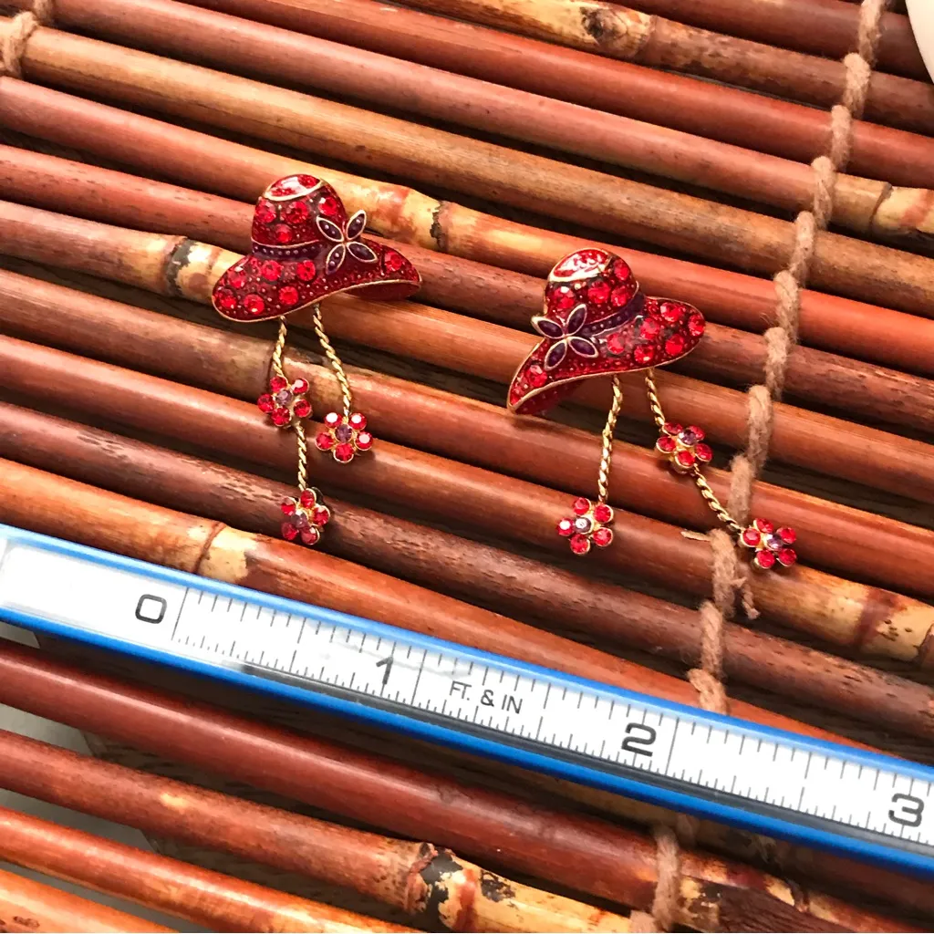 Red Hat Rhinestone Gold Tone Earrings - Image 6