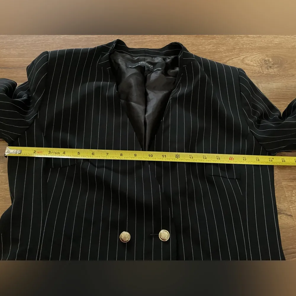 ZARA Pinstripe Blazer Black Double Breasted Gold Buttons Tailored Old Money - Image 10