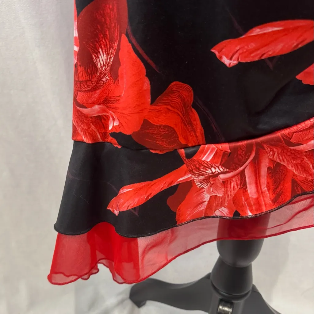 Black and red floral print ruched ruffle hem midi cami dress size large - Image 6