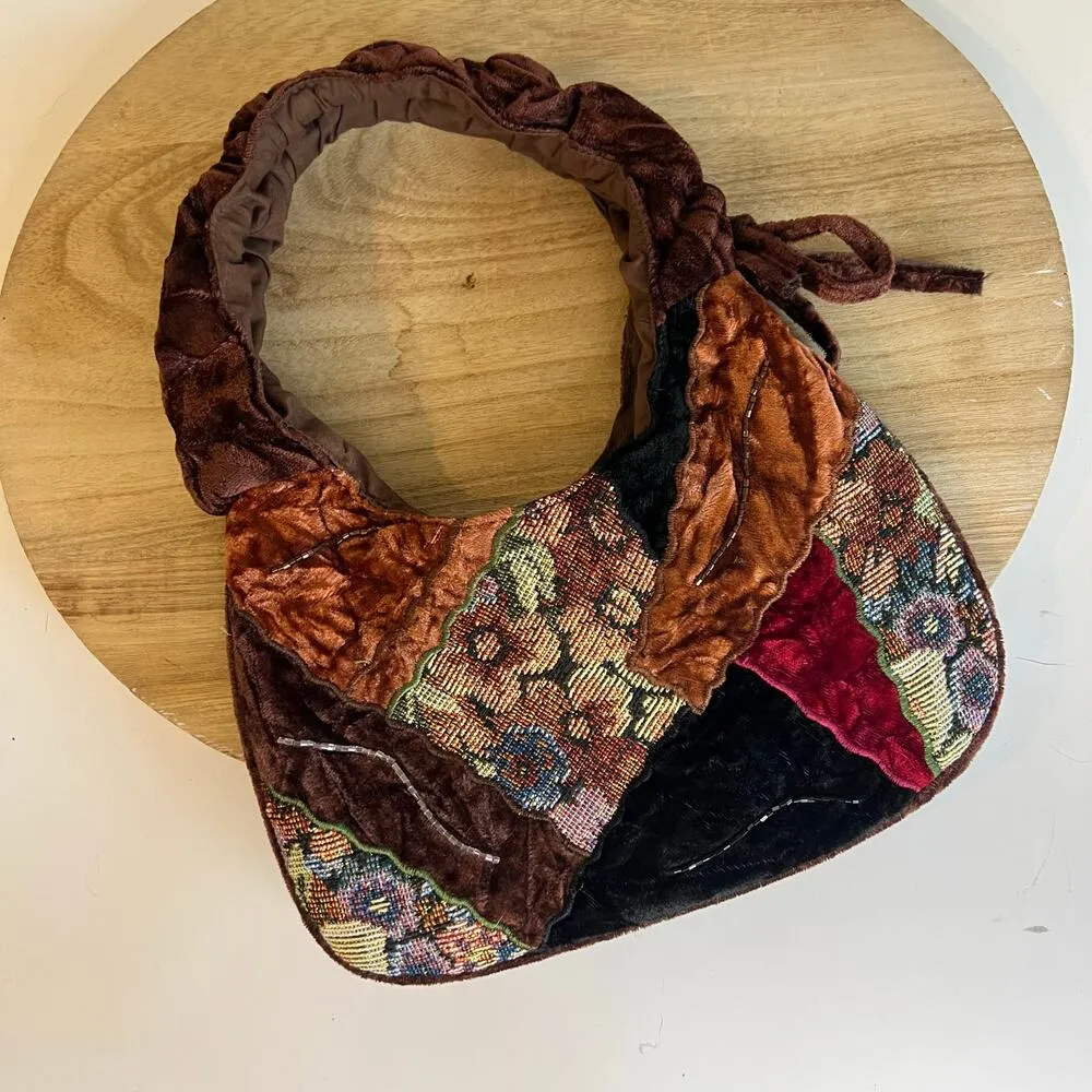 Y2K Whimsical Velvet Brown Patchwork Sequin Mini Top Handle Shoulder Bag - Image 15