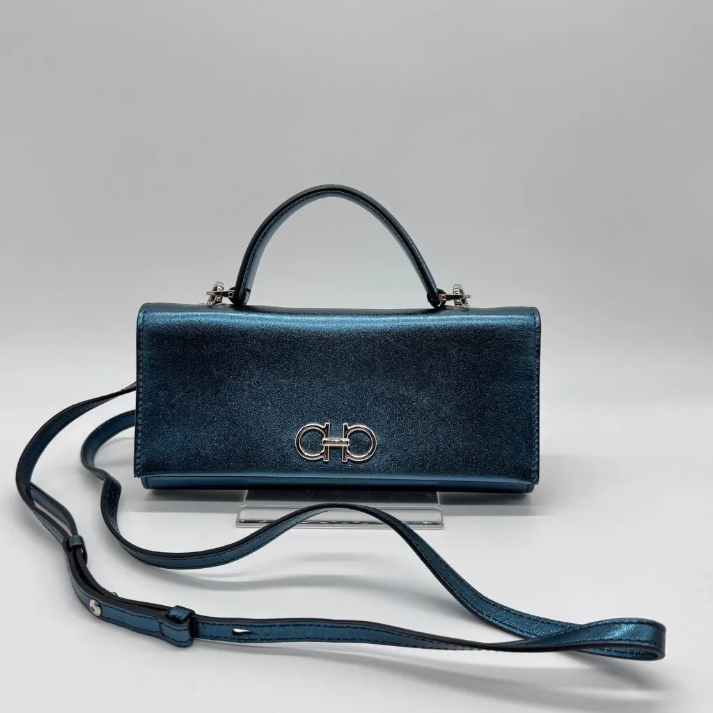 Salvatore Ferragamo Authentic Gancini Mini 2-Way Deep Sky Blue Leather Bag - Image 6