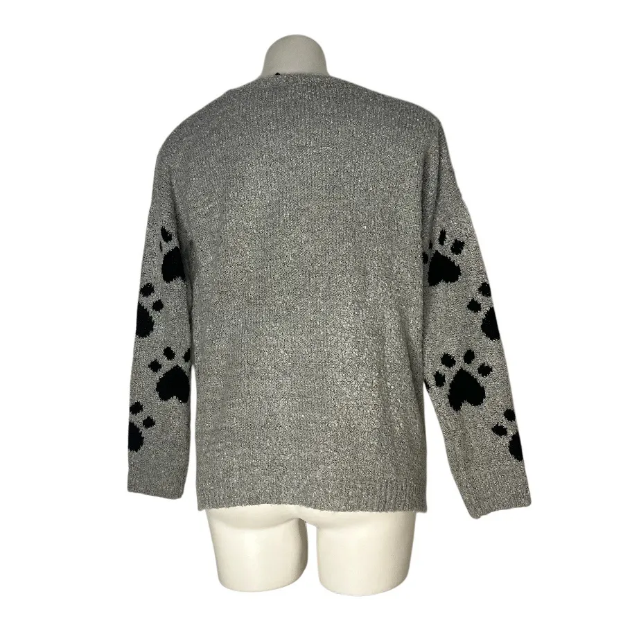 POOF Grey Black Cat Pullover Sweater Paw Prints Round Neck Womens Size Medium - Image 3