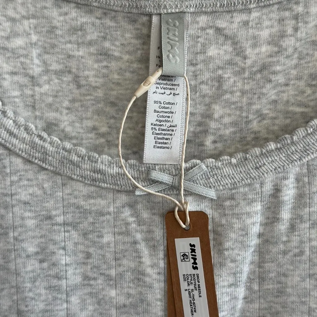 Skims Drop Needle Pointelle Cami Bodysuit in Light Heather Grey, Size Small - Image 7