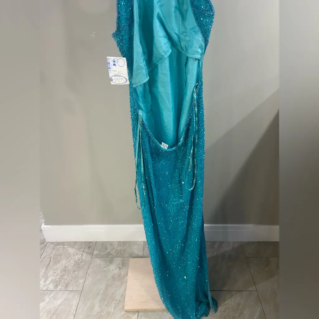 Scala Turquoise Sparkling Sequin Halter Gown Maxi Dress Women’s Size XL NWT - Image 4