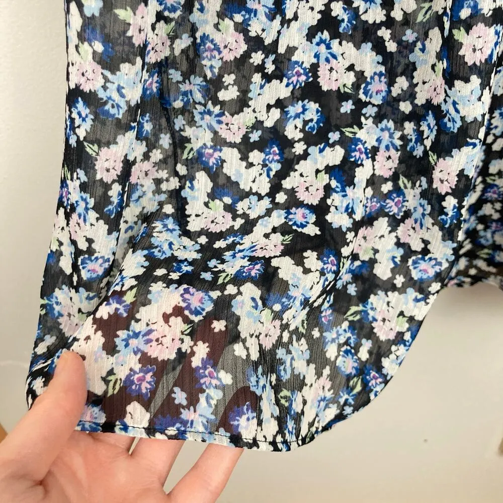 H&M Womens S Oversized Black Ditsy Floral Sheer Chiffon Dress Cottage Milkmaid - Image 9