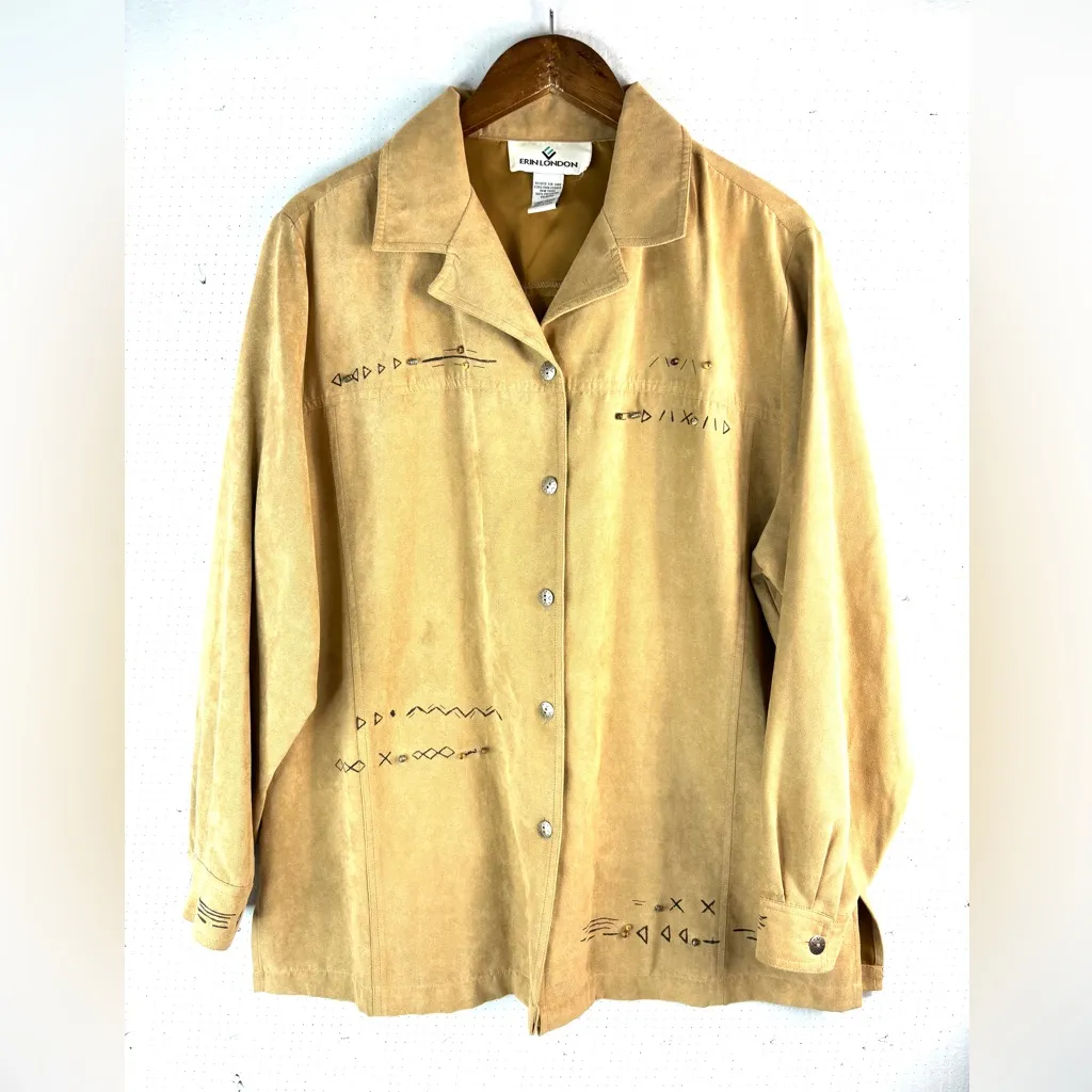 Erin London L Western Southwest Faux Suede Embroidered Tan Button Down Shirt Size L - Image 9
