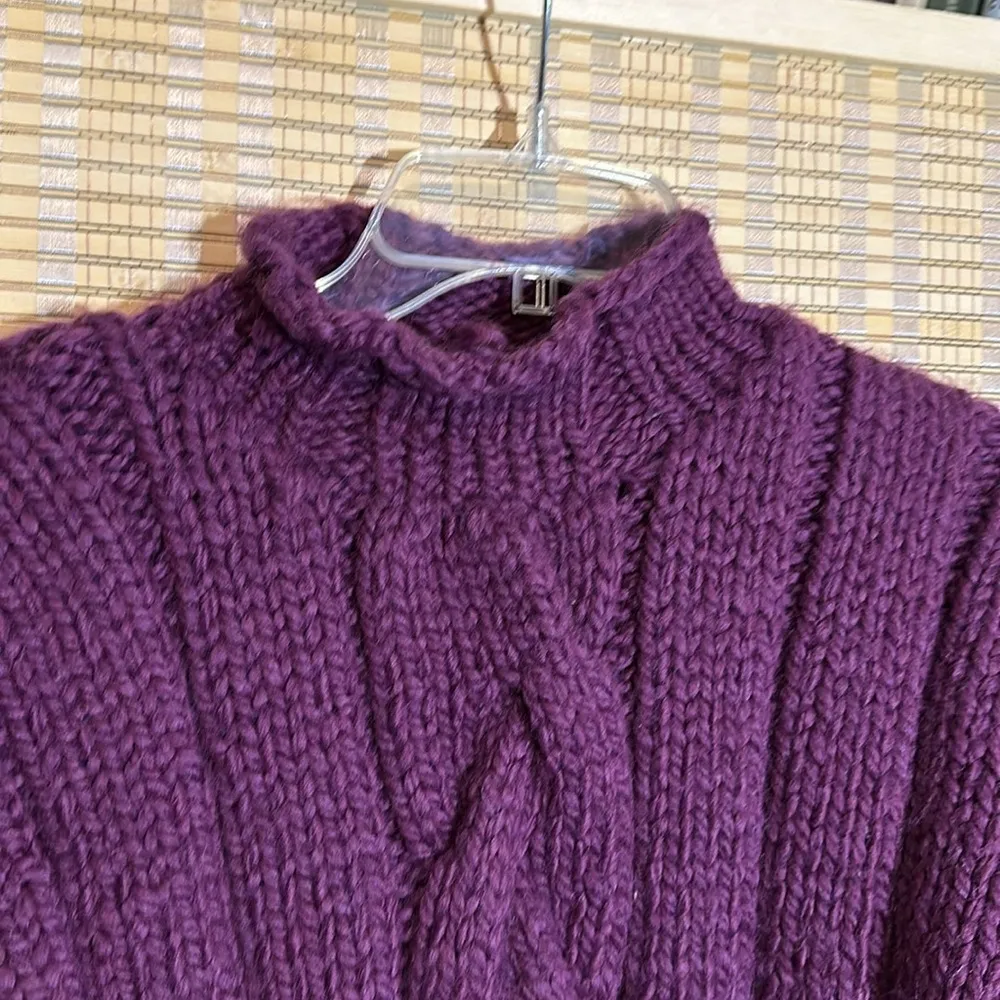 Vintage Purple Hand Knit Thick Heavy Mock Turtleneck Collar Cable Knit Sweater - Image 2