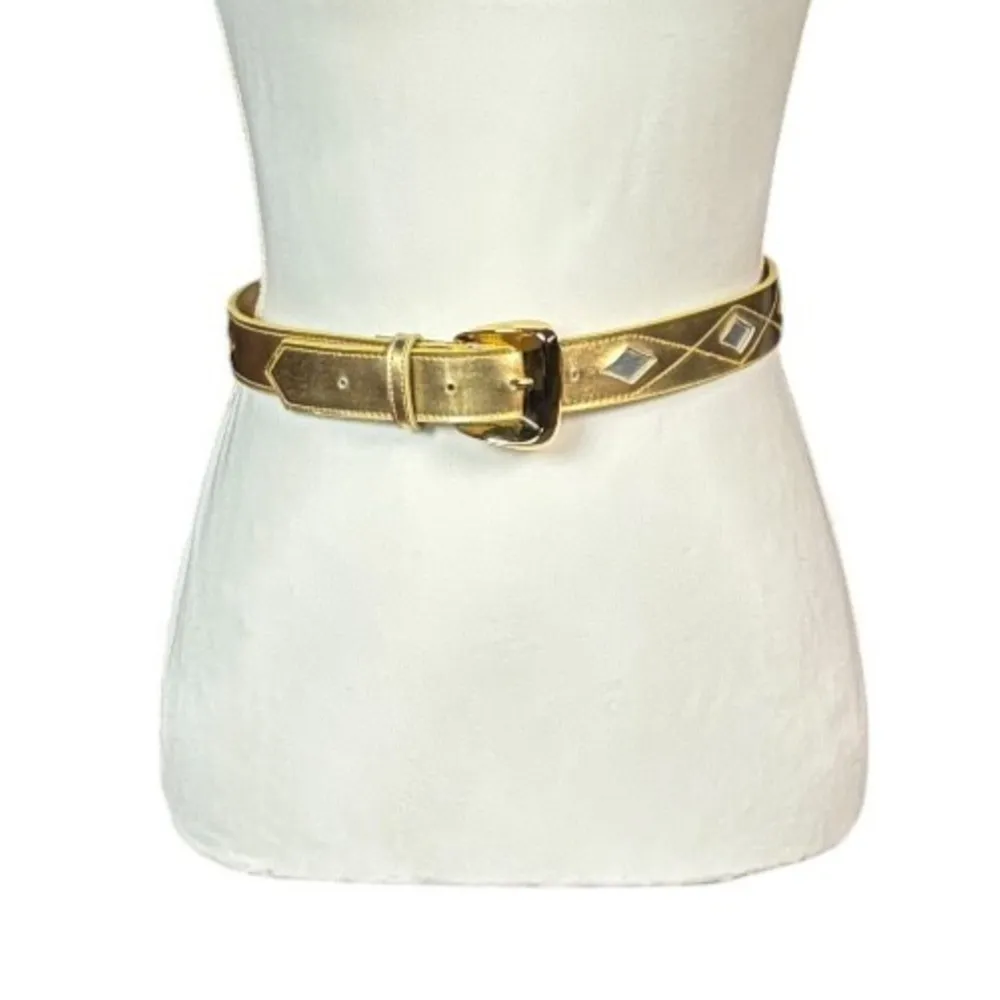 Vintage Liz Claiborne Statement Belt Gold Size Medium Faux Leather Retro Diamond - Image 10