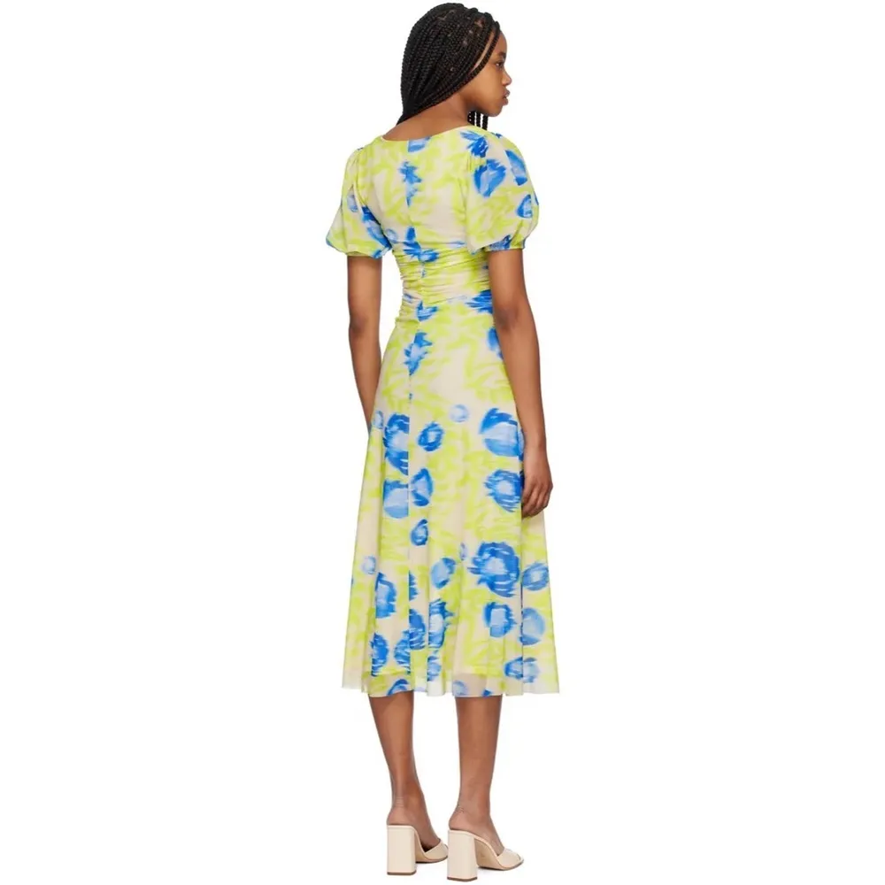 GANNI Crisscross Abstract-Printed Mesh Puff-Sleeve Midi Dress New w/Tag $445 - Image 3