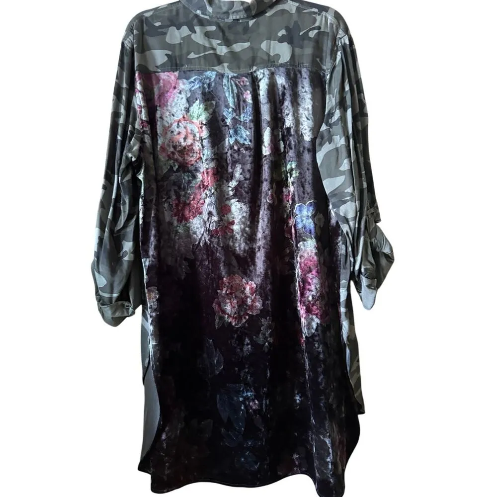 Tribal Jeans Camo/velvet floral back pannel button up tunic Bohemian Rockstar Size XL - Image 2
