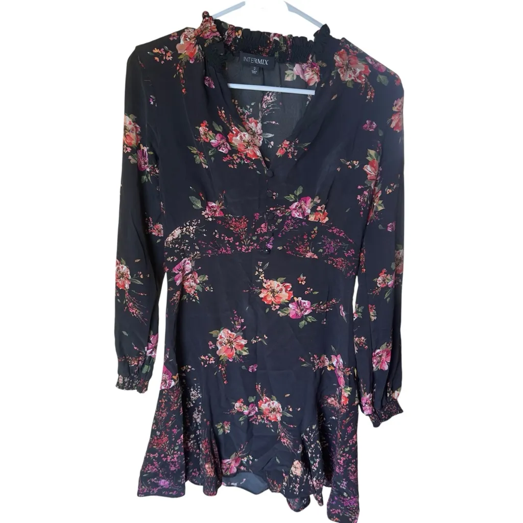 Intermix‎ Silk Floral Long Sleeve Ruffle Mini Dress Black Pink Red Size 2 - Image 3