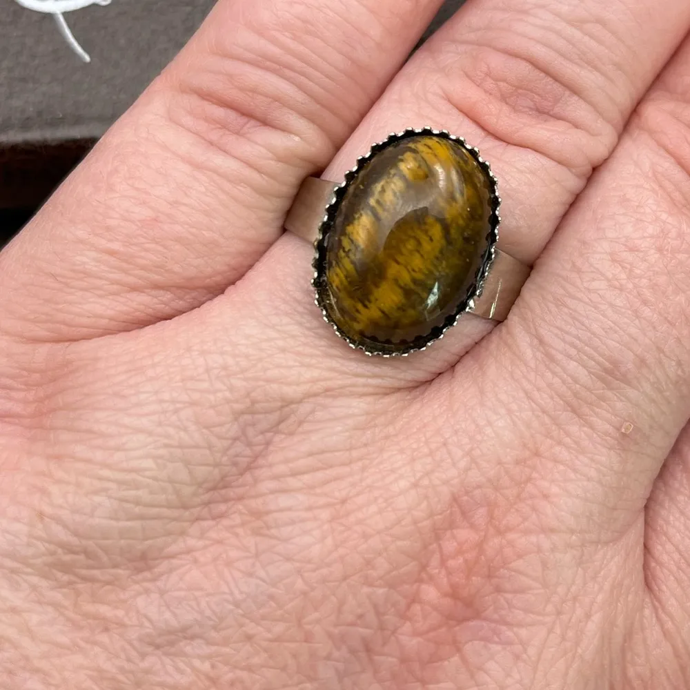 Handcrafted Brown Oval Tigereye Gemstone Cabochon Steel Adjustable Ring - Image 10