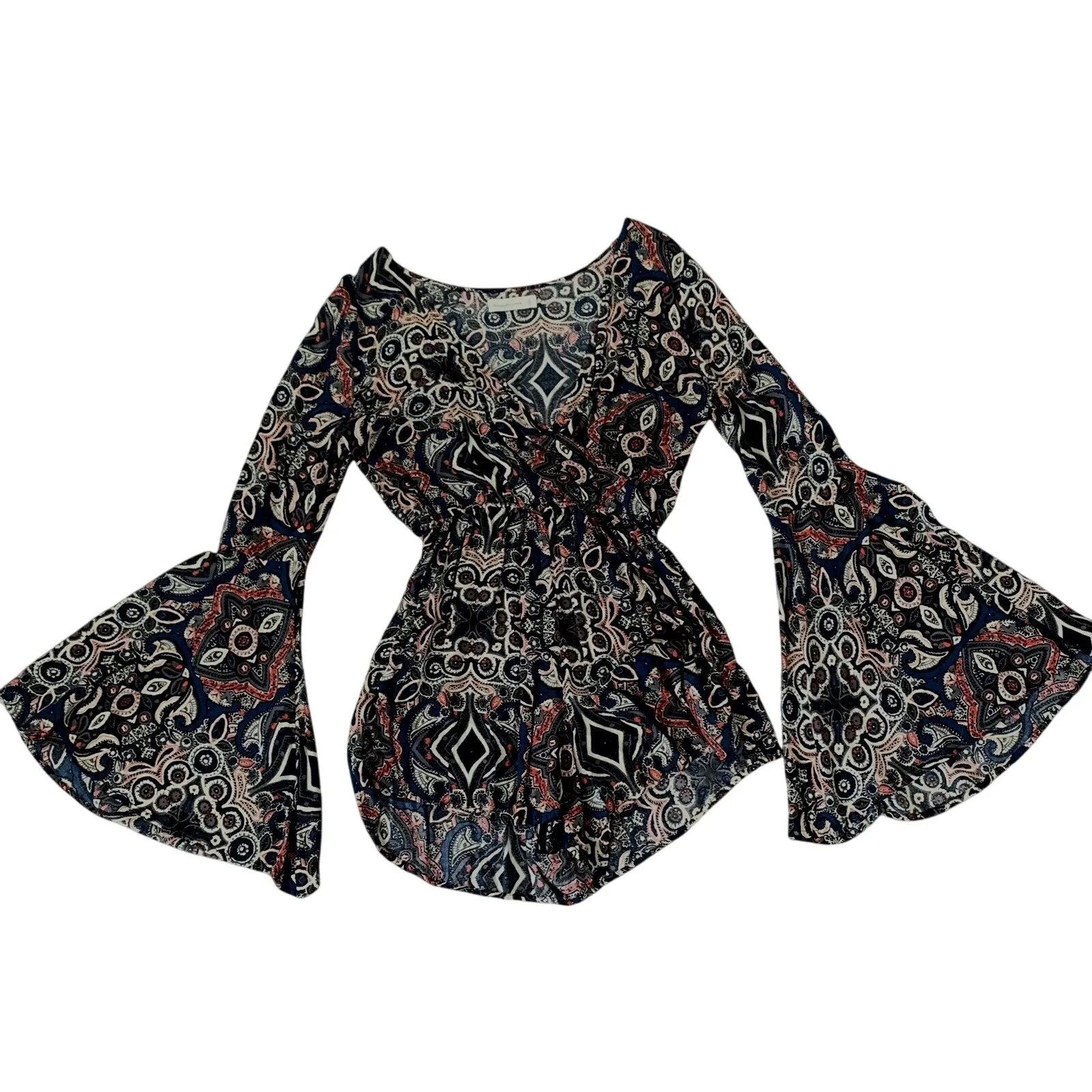 Abercrombie & Fitch Romper Shorts Long Bell Sleeves Abstract Print XS Black Blue - Image 2