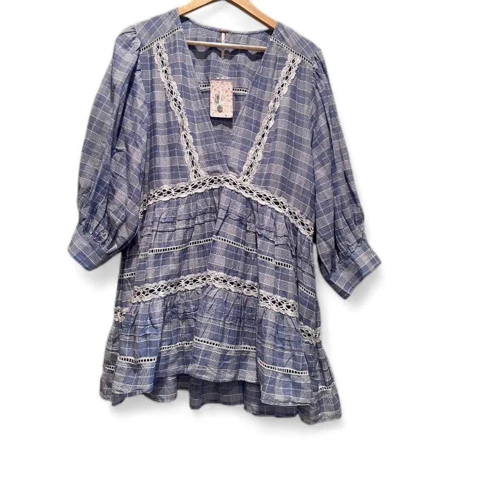 NWT Free‎ People Blue Chambray Lace Plaid Time Out Tunic Top Size Large - Image 2