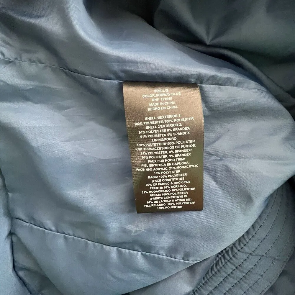 FOG Womens Belted Puffer Coat with Hood Adult Long Sleeve blue size L Size L - Image 8