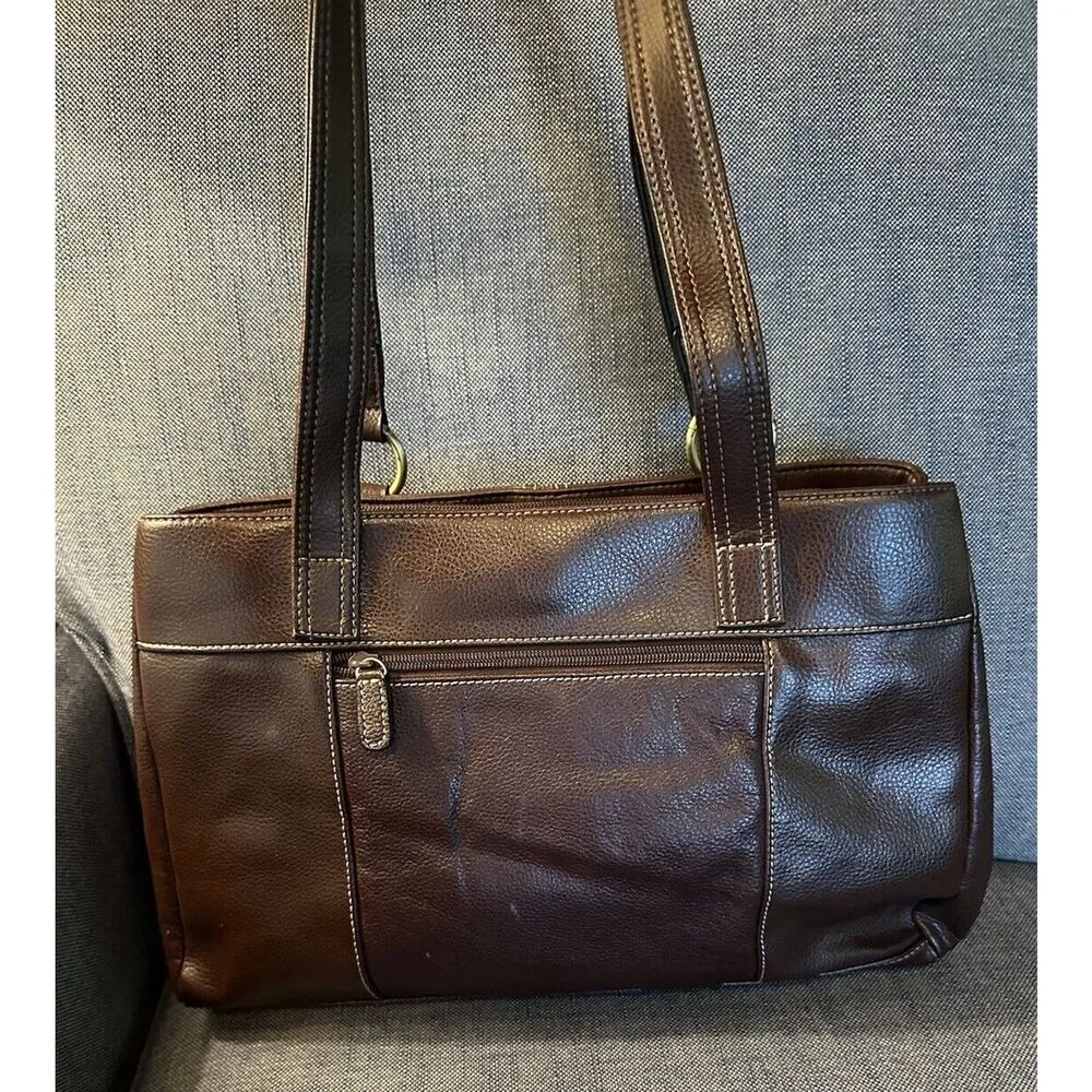 Brown Genuine Leather Purse Double Strap Snap Close Shoulder Bag Brass Hardware - Image 2