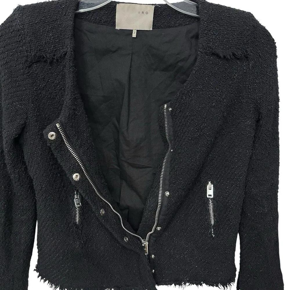 IRO Agneta Black‎ Boucle Tweed Knit Jacket Size 2 Full Zip Pockets - Image 8