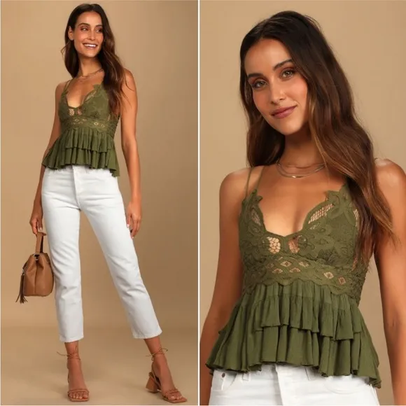 NWT Free People Adella Cami Lace Ruffled Tank Top S Olive Green Moss Boho - Image 2