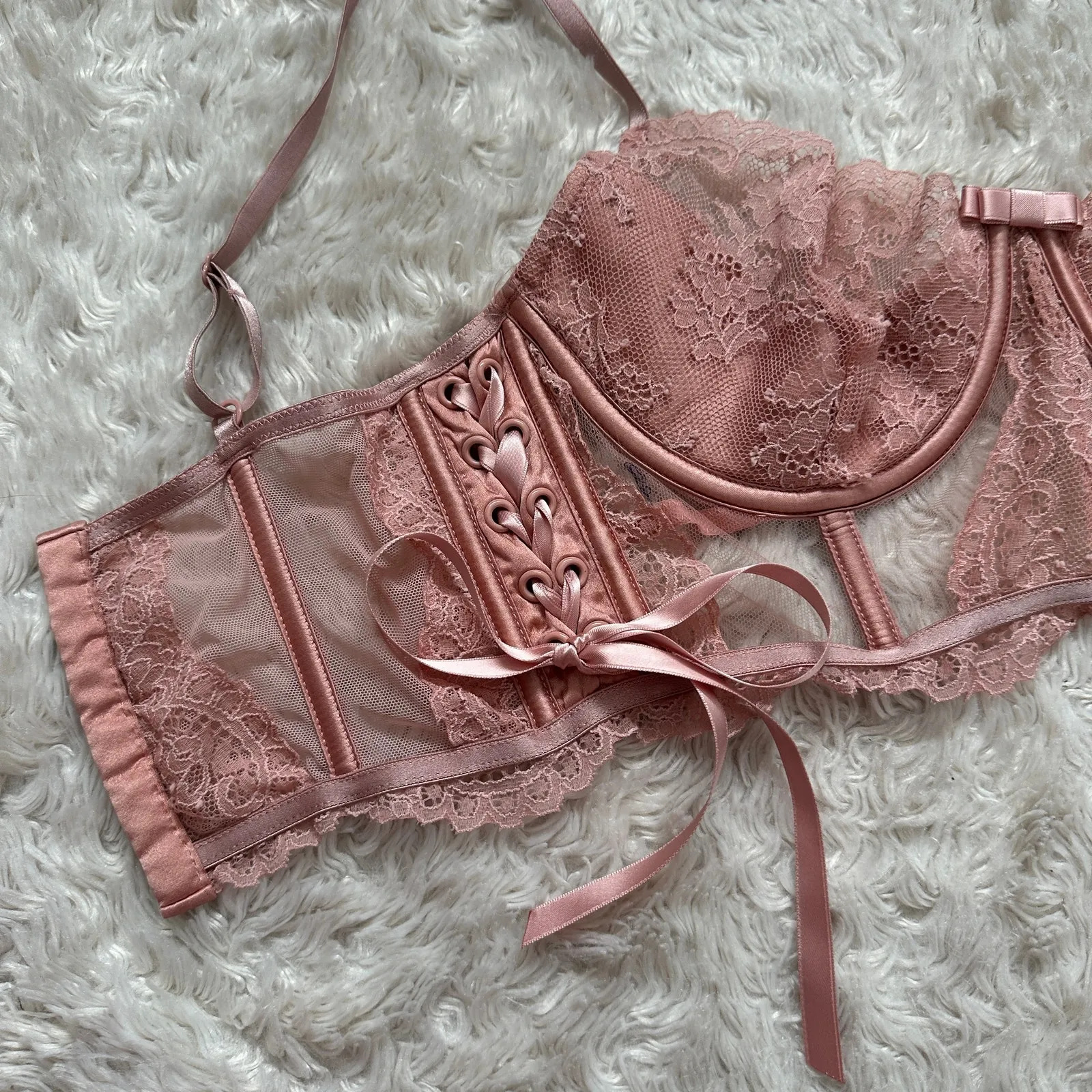 Victoria's Secret Blush Pink Bow Sheer Lace Padded Corset Top Bustier Coquette - Image 3