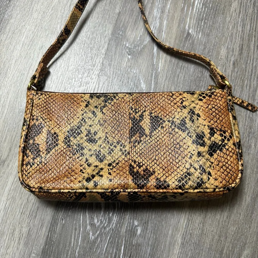 Assots London Leather Tan Snake Print Baguette Shoulder Bag - Image 6