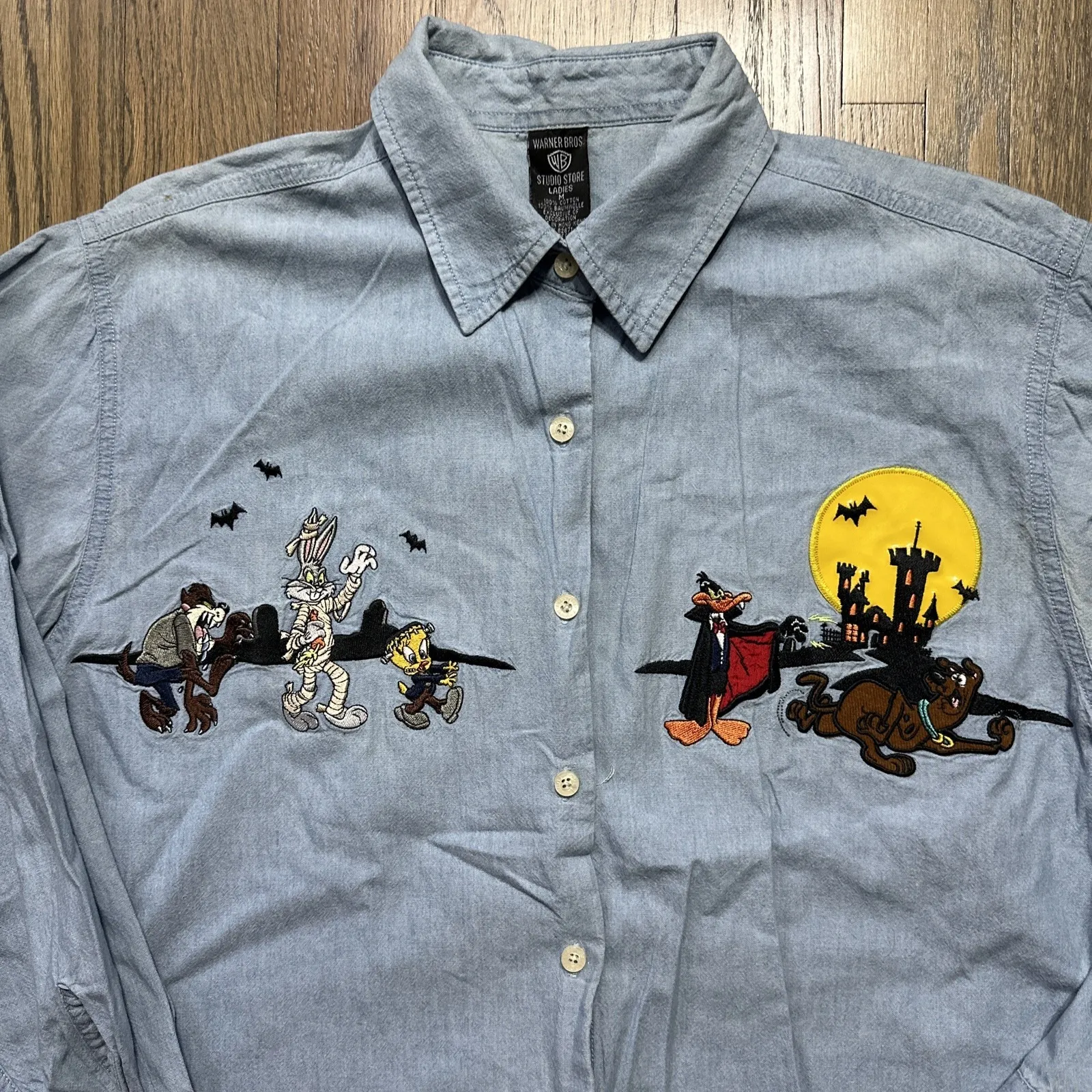 Vintage Looney Tunes Toons Women's M Button Shirt 90s HALLOWEEN ART SCOOBY Blue Size M - Image 2